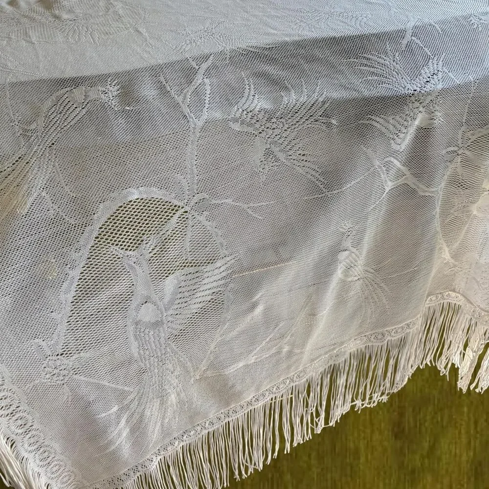 Vintage Festival Boho Bride Bridal Bachelorette Cottage White Lace Shawl Fringe